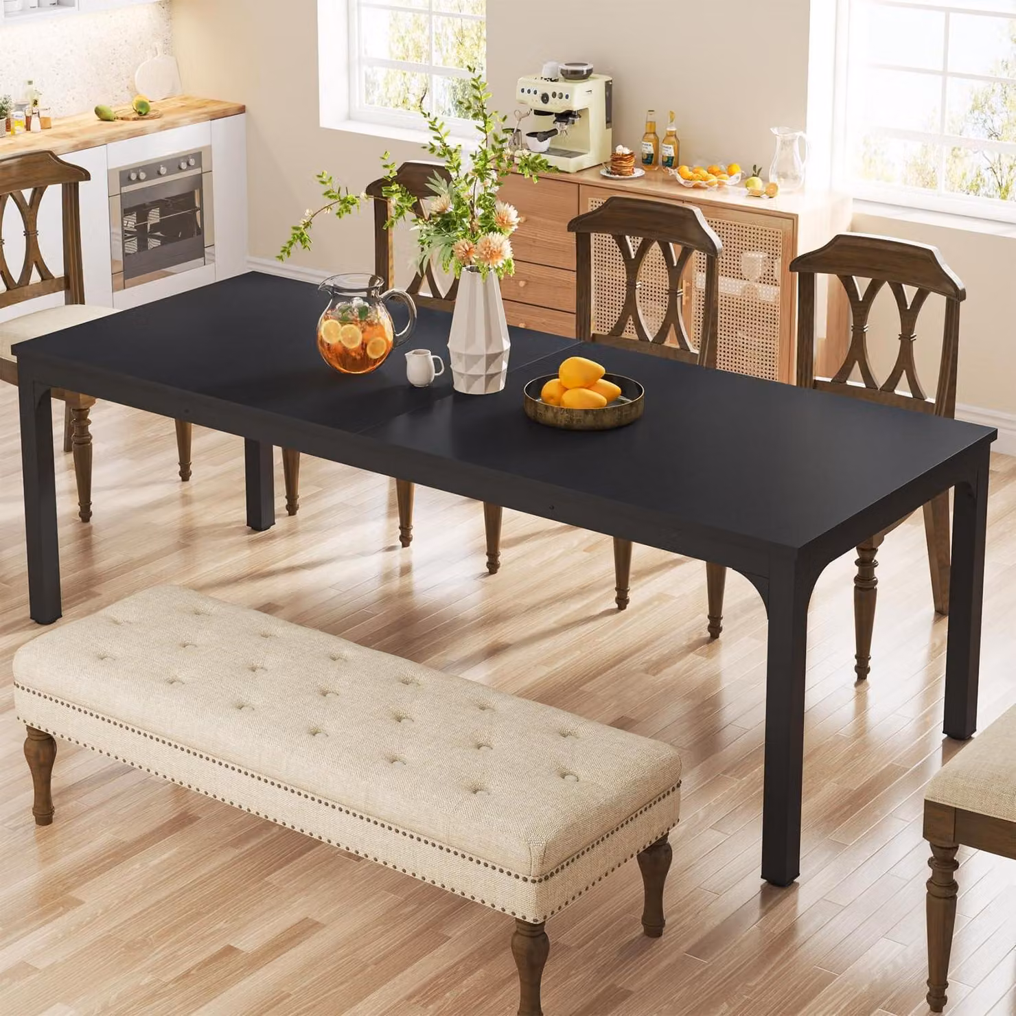 Tavolo da pranzo rettangolare, dimensioni 200 x 70 x 75 cm, stile industriale, colore nero, aspetto legno, per 6-8 persone
