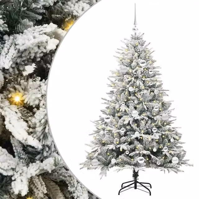 Albero di Natale artificiale da tavolo preilluminato con LED luce bianca calda e set di palline verde vidaXL – 1