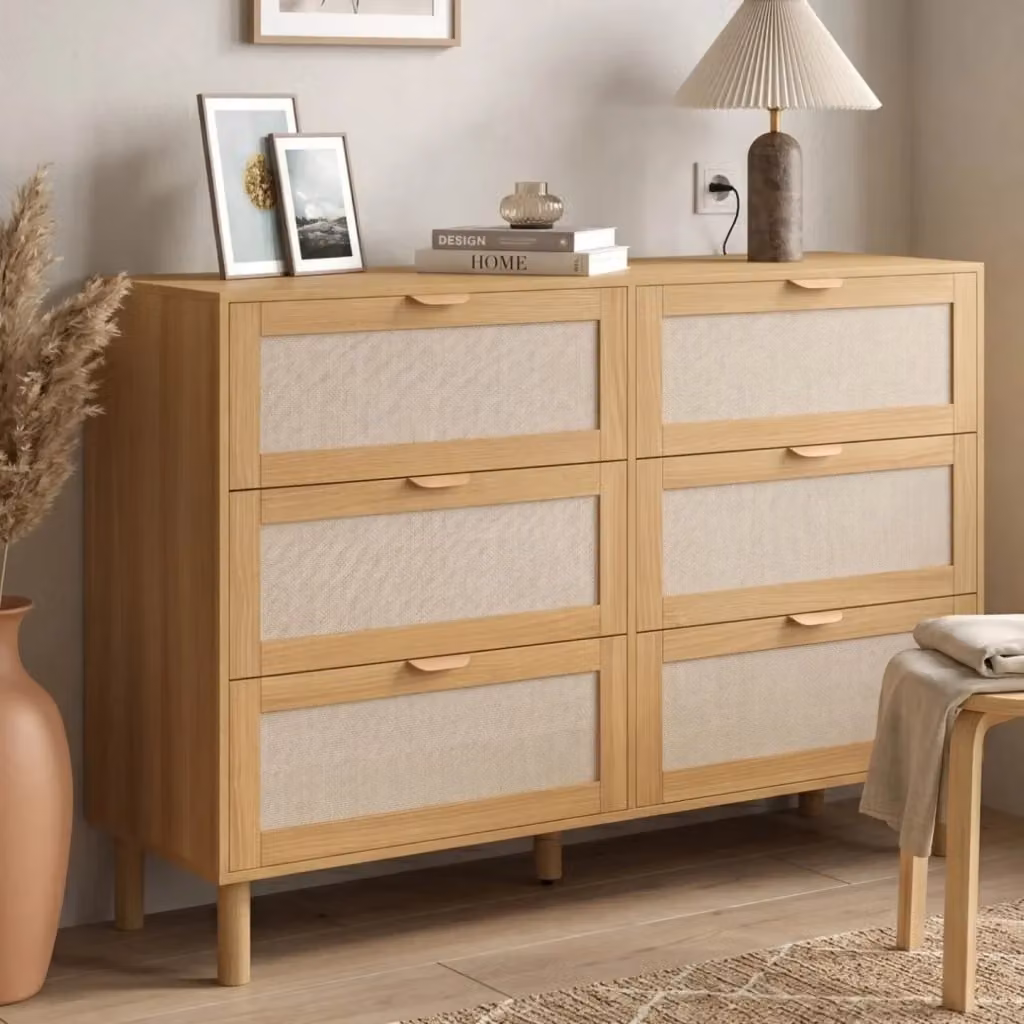 Contenitore ROBIN IDMarket con 6 cassetti in legno e tessuto effetto lino beige L: 115 cm – 2