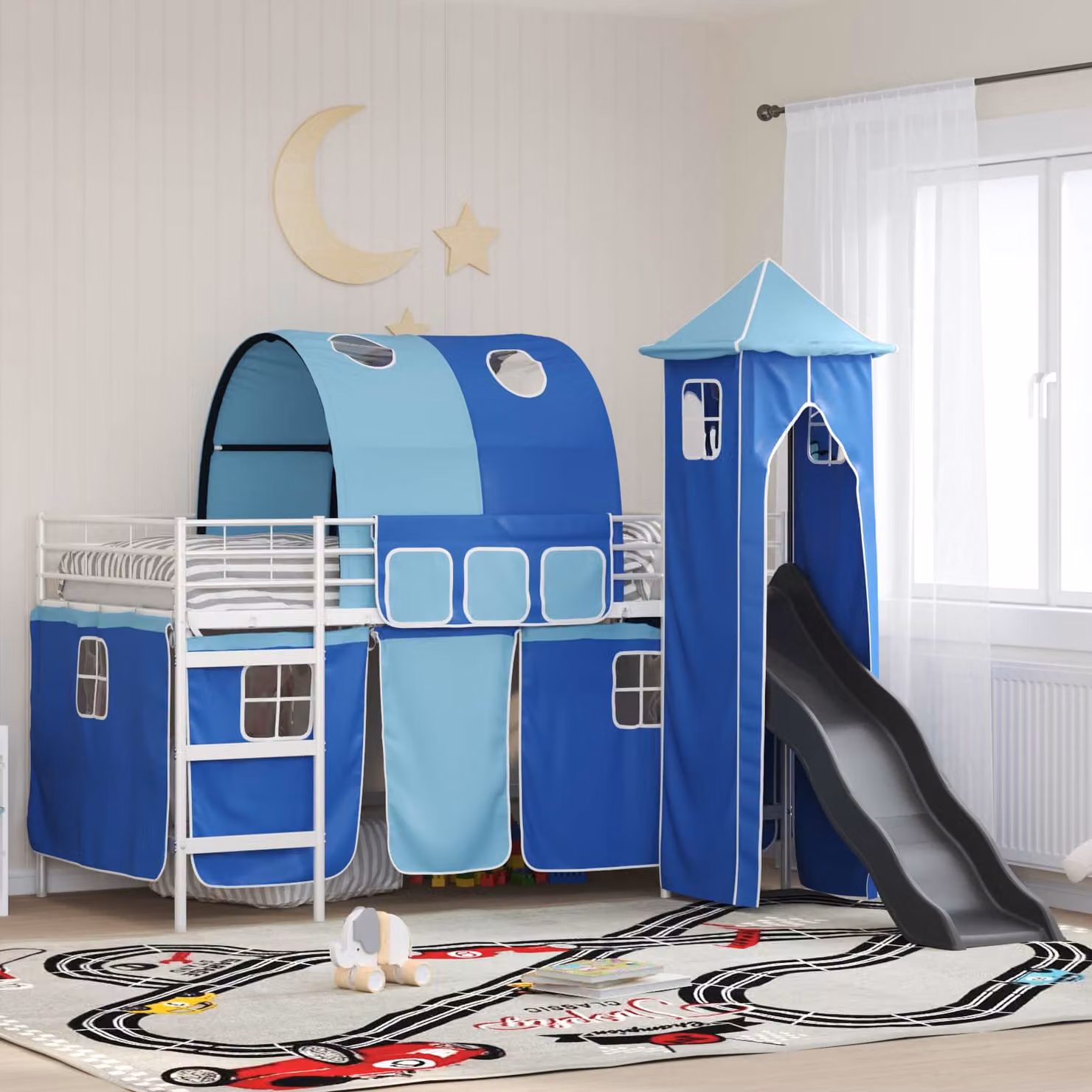 Letto a castello per bambini vidaXL in metallo Bianco, Blu e Nero, L 80 x P 200 x H 205 cm – 1