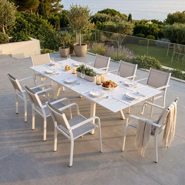Milani Home - Set Tavolo Giardino Allungabile Rettangolare 200/300x110 Con 8 Poltrone In Alluminio Tortora Per Esterno - Tortora