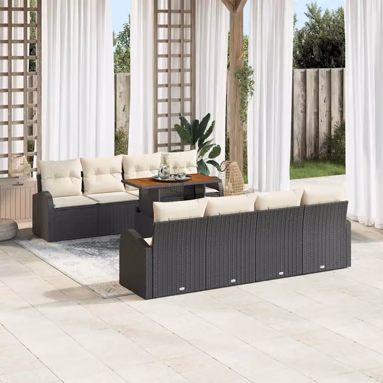 Set Divano da Giardino vidaXL 9 Pezzi a Forma di U con Tavolino e Contenitore Nero in Rattan e Metallo