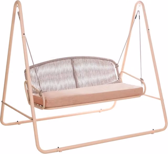 Dondolo da giardino con struttura in acciaio marrone, cuscini in tessuto olefinico e schienale in corda intrecciata, a due posti, in stile mediterraneo