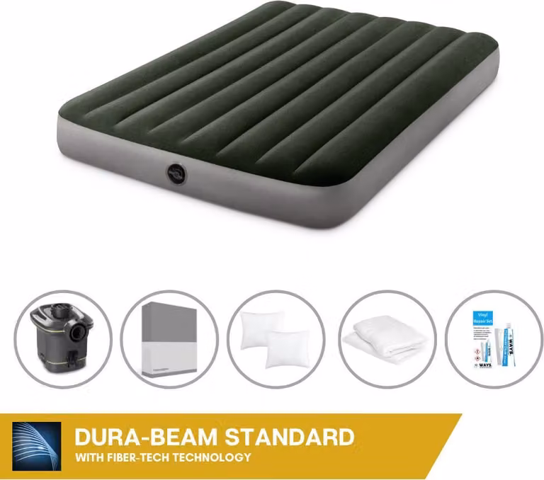 Letto ad aria Intex - 2 persone - 137 x 191 x 25 cm - Verde - Con pompa + lenzuola antracite + cuscino + federe Molton 2 in 1 + set di riparazione