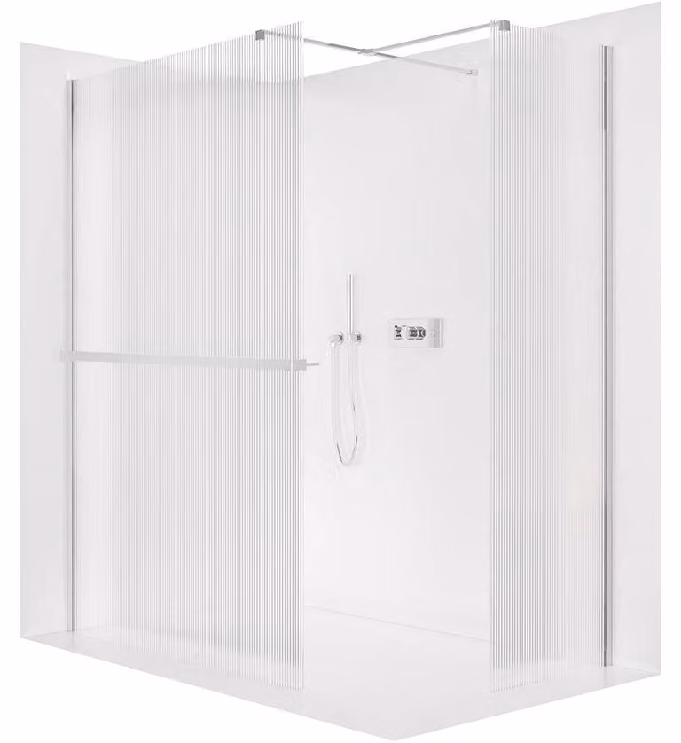 Pannello doccia angolare Walk-in Onyx T L/P - 8 mm - montante quadrato + ripiano/portasciugamani - cromato, vetro smerigliato - 150x120x200 cm