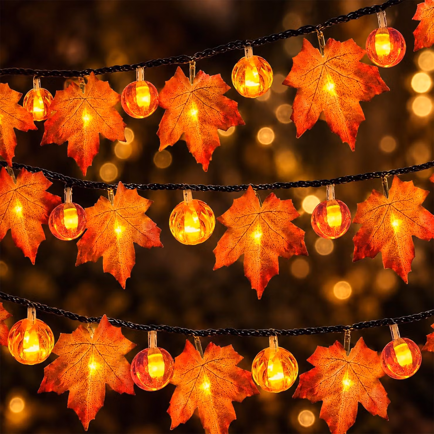 Decorazione autunnale, catena luminosa, 3 metri, 20 LED, luce giallo caldo, alimentazione a batteria