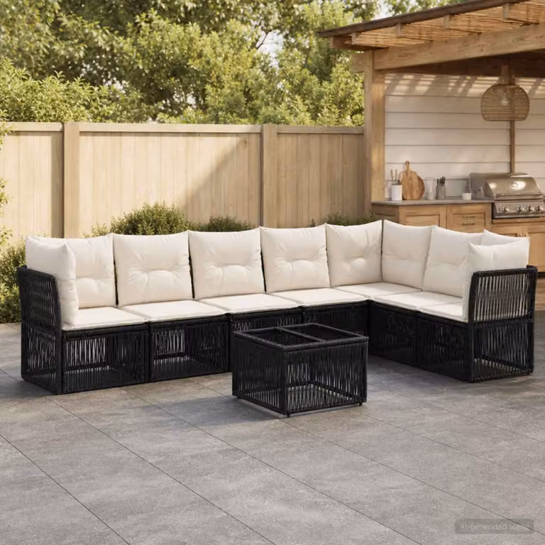 Set Divano da Giardino a L vidaXL 8 pz Nero con Tavolino e Cuscini in Polyrattan e Acciaio