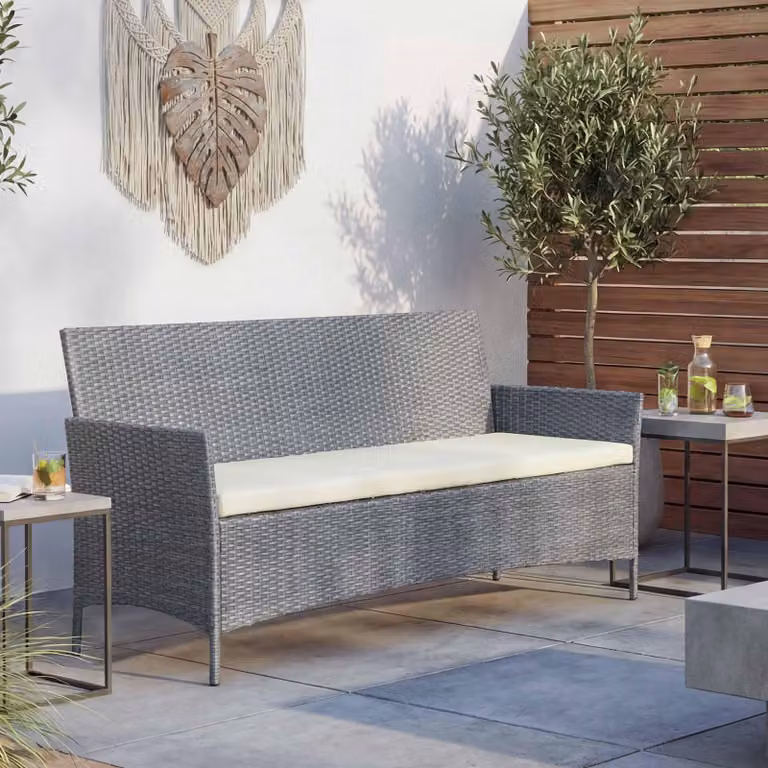 panca da giardino a 3 posti in poly-rattan Halden, panca ~ grigio, cuscini crema