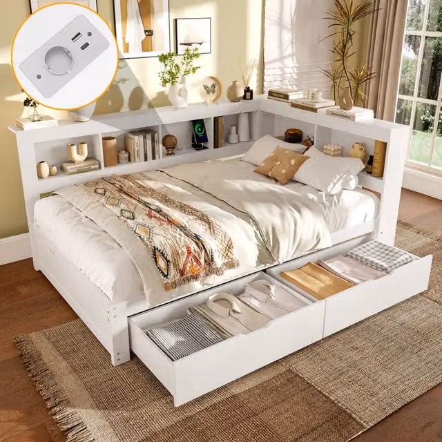 Letto a piattaforma 140 × 200 cm con due cassetti rete a doghe presa e 2 porte USB in pino MDF bianco