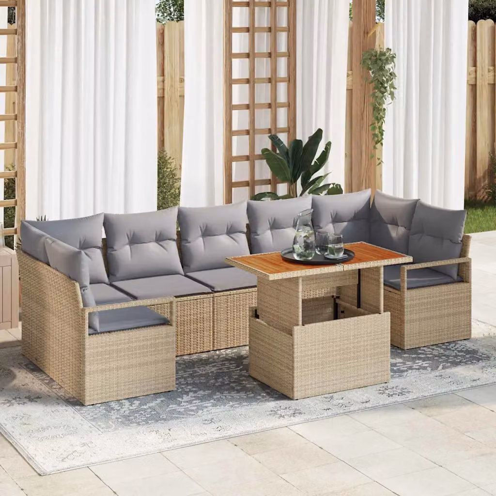 Set Divano da Giardino vidaXL 8 Pezzi a Forma di L con Tavolino, Colore Beige e Grigio