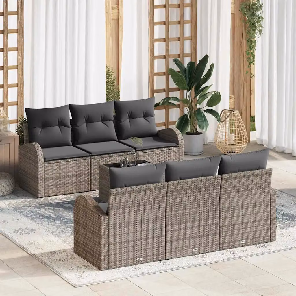 Set Divano da Giardino vidaXL 7 Pezzi Grigio con Cuscini e Tavolino da Esterno in Polyrattan e Metallo – 1