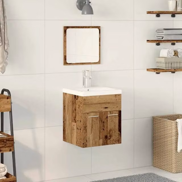 Set di mobili per il bagno moderno vidaXL in legno e metallo marrone composto da mobile lavabo, armadio alto e pensile con specchio – 1