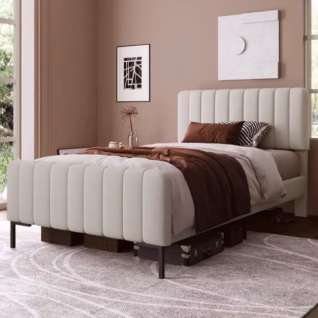 Letto singolo imbottito 90 × 200 cm con rete a doghe testiera regolabile in lino grigio beige e gambe in metallo