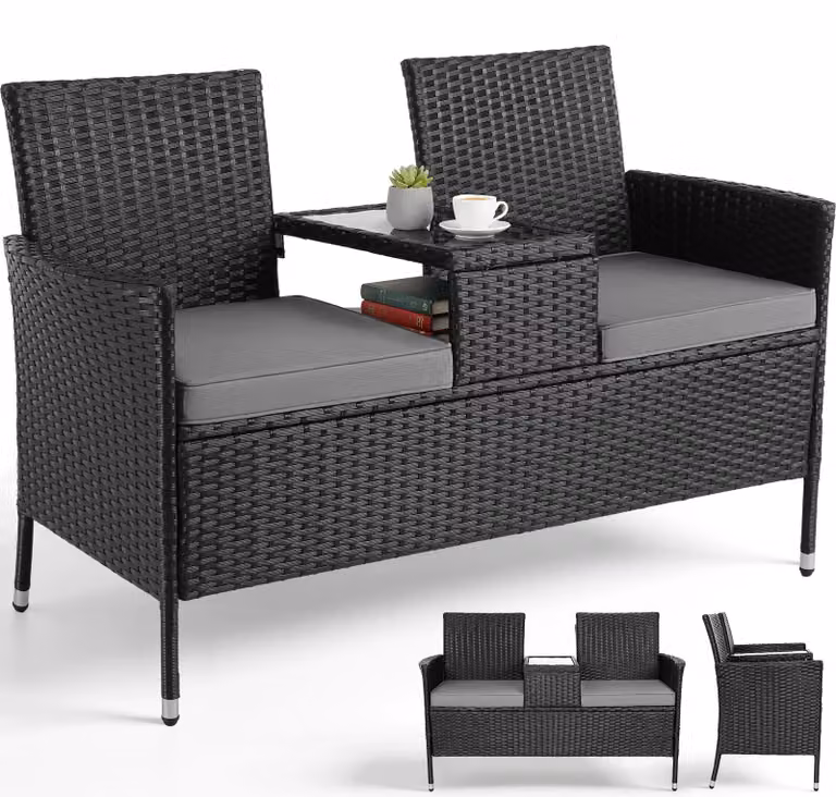Set di mobili da giardino in rattan - Set da balcone per 2 persone - Tavolo integrato - Con cuscini per seduta - Struttura in metallo resistente agli agenti atmosferici - Portata massima di 200 kg - Colore: nero