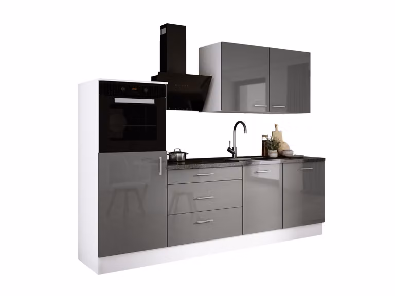 Set da cucina: tre cassetti, cinque ante, otto ripiani, colore: bianco / grigio lucido