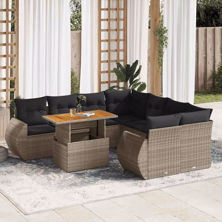 Set Divano da Giardino a L vidaXL 9 pz con Tavolino e Cuscini Grigio in Polyrattan e Legno di Acacia