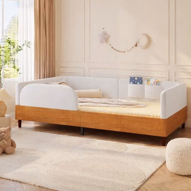 Letto imbottito 90x200 cm bianco, velluto e legno - 2 tasche portaoggetti