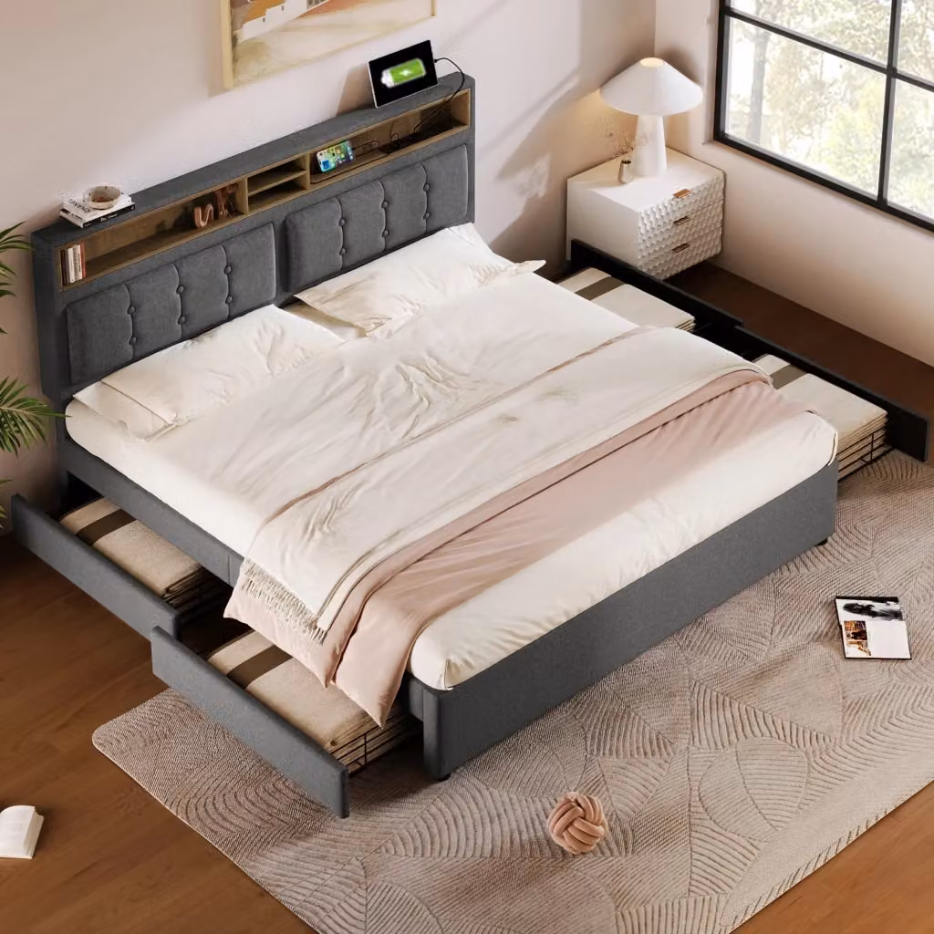 Letto imbottito Mivray grigio con 4 cassetti, ricarica USB e Type-C, testiera regolabile e materasso ibrido, L/P/H: 140 x 200 x 143 cm – 2