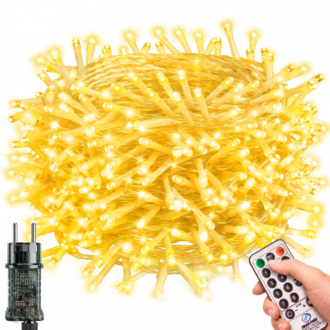 Catena luminosa a LED, 30 metri, 300 LED, luce bianco caldo, con telecomando