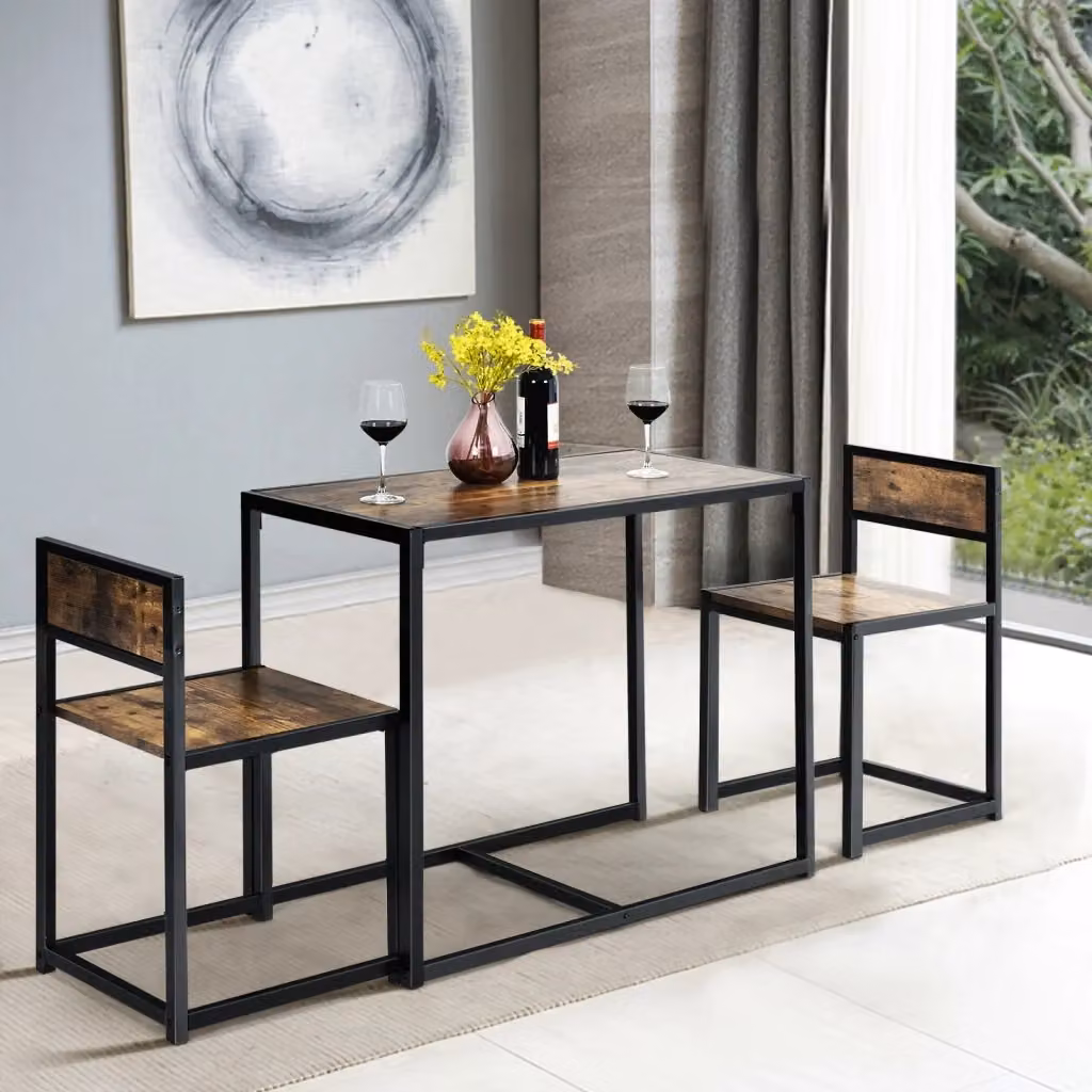 Set da pranzo Design Mania composto da tavolo rettangolare e 2 sedie in legno e metallo, stile rustico, colore marrone, L: 120 cm, P: 70 cm, H: 75 cm – 2