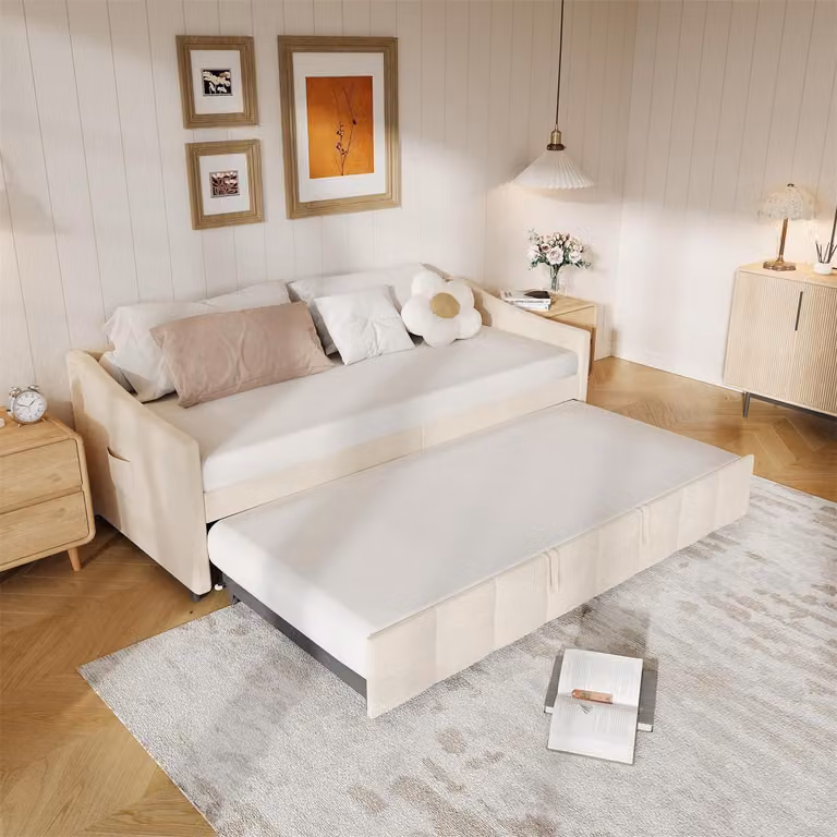 Divano letto 90x200 cm con rete a doghe, estendibile, ideale come letto giorno, imbottito, in velluto, color crema