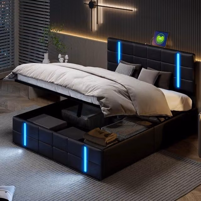 Letto Matrimoniale 160x200cm con Contenitore,porte USB e di tipo C,Struttura Letto in PU,rete a doghe,meccanismo di sollevamento idraulico