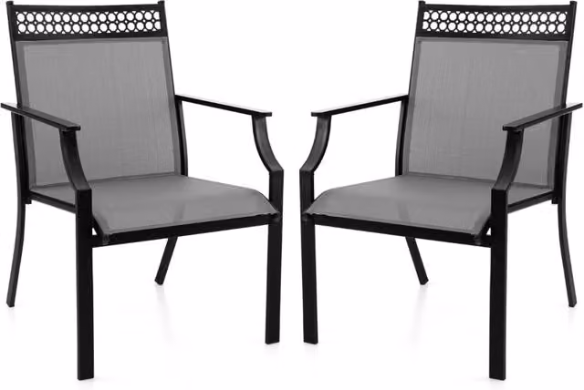 Set di 2 sedie da giardino moderne con schienale alto e braccioli in tessuto grigio e struttura in acciaio verniciato a polvere