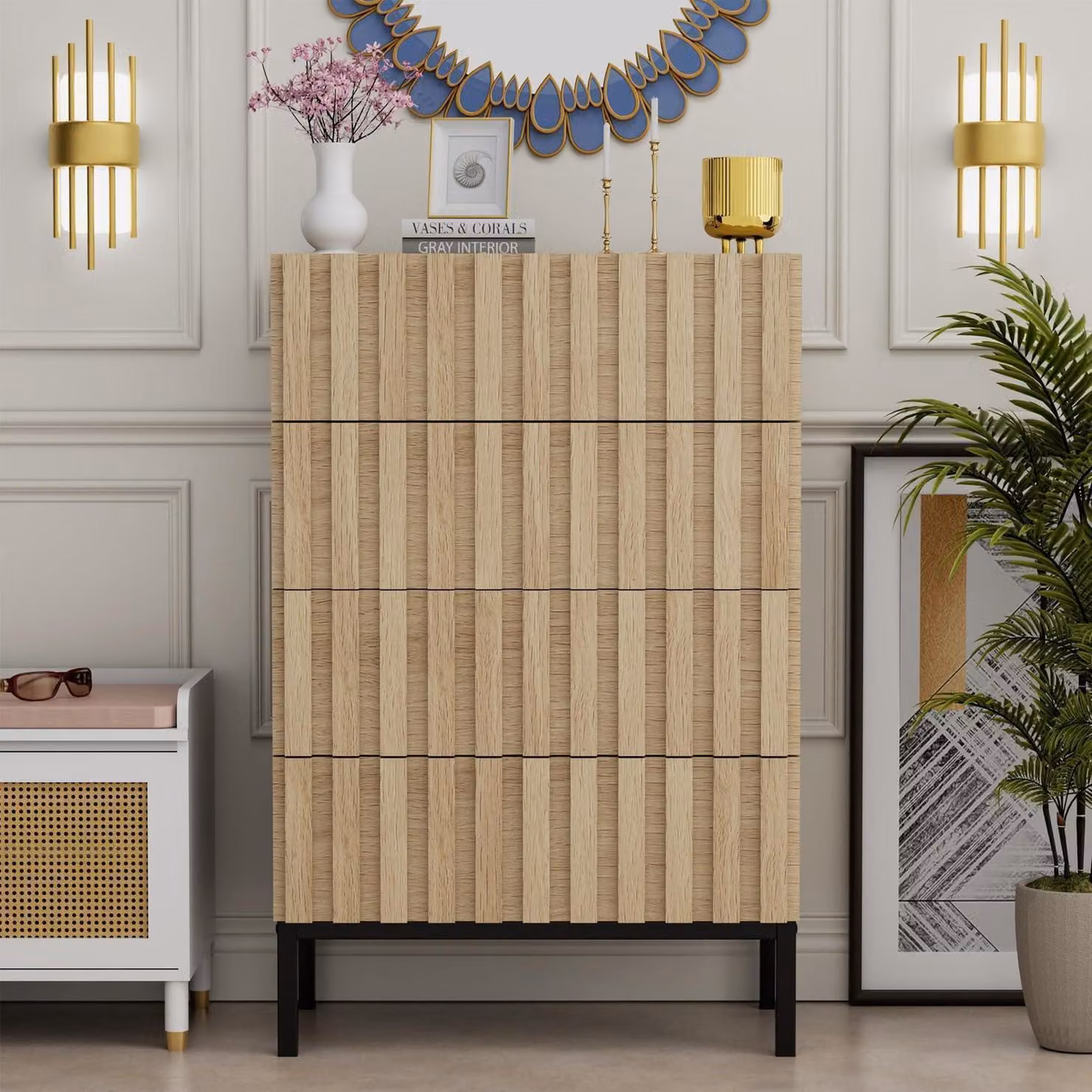 Comodino con 4 cassetti, dimensioni 60 x 34,5 x 92 cm, colore naturale