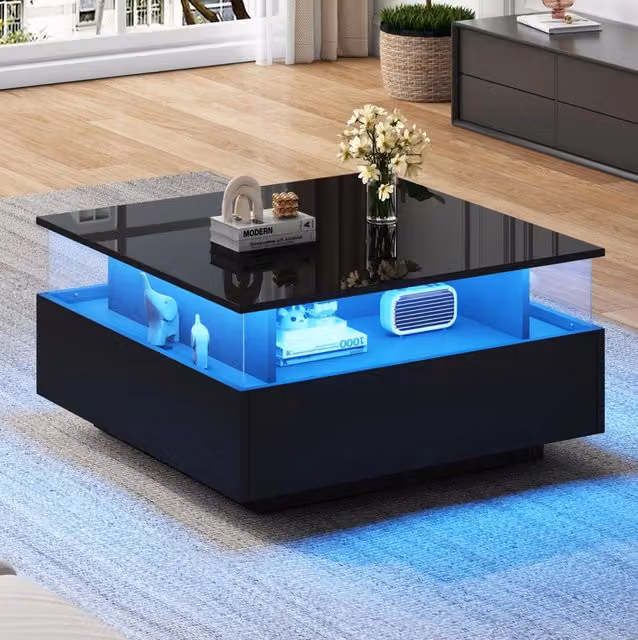 Tavolino da salotto 70x70x41 cm nero – LED, 2 cassetti e vano espositivo, truciolare