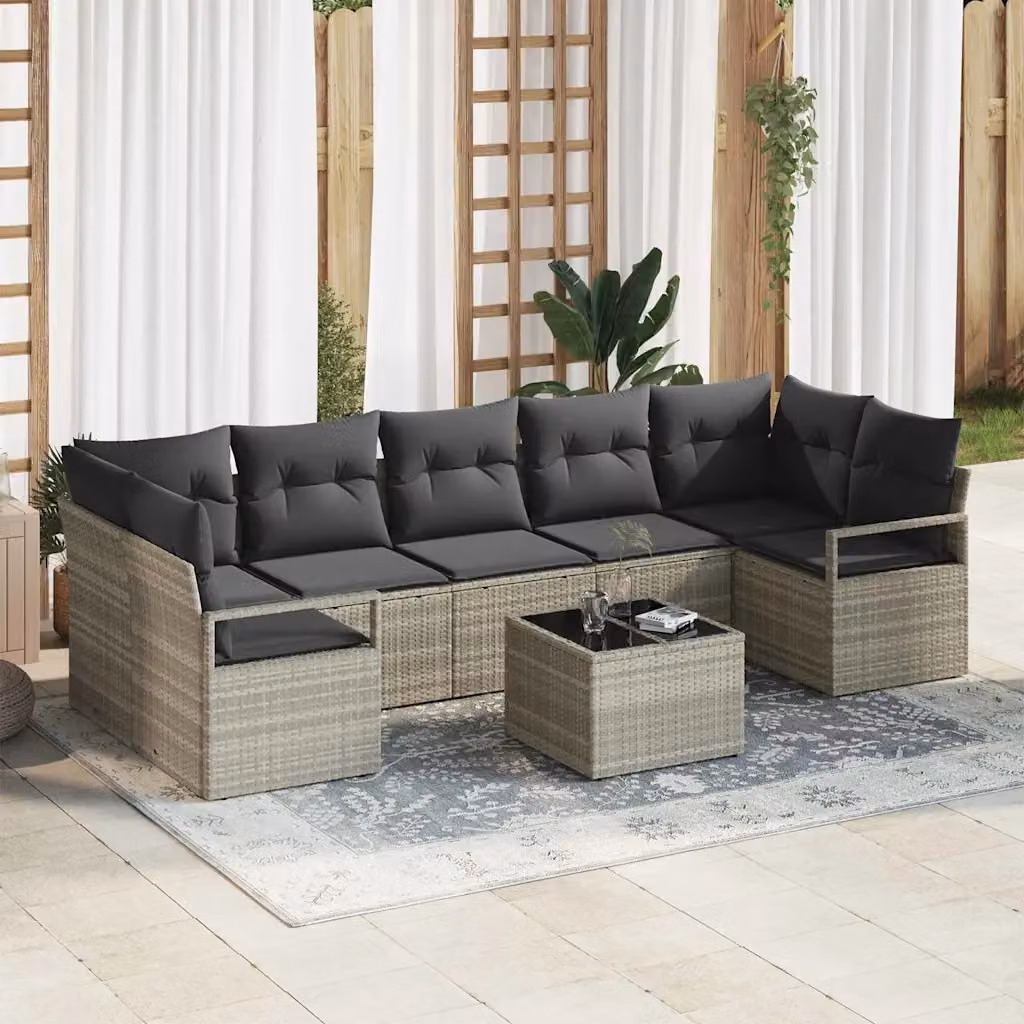 Set di divani da giardino vidaXL a forma di U composto da 8 pezzi in rattan grigio con struttura in acciaio e tavolino, ideale per il tuo terrazzo o giardino – 1