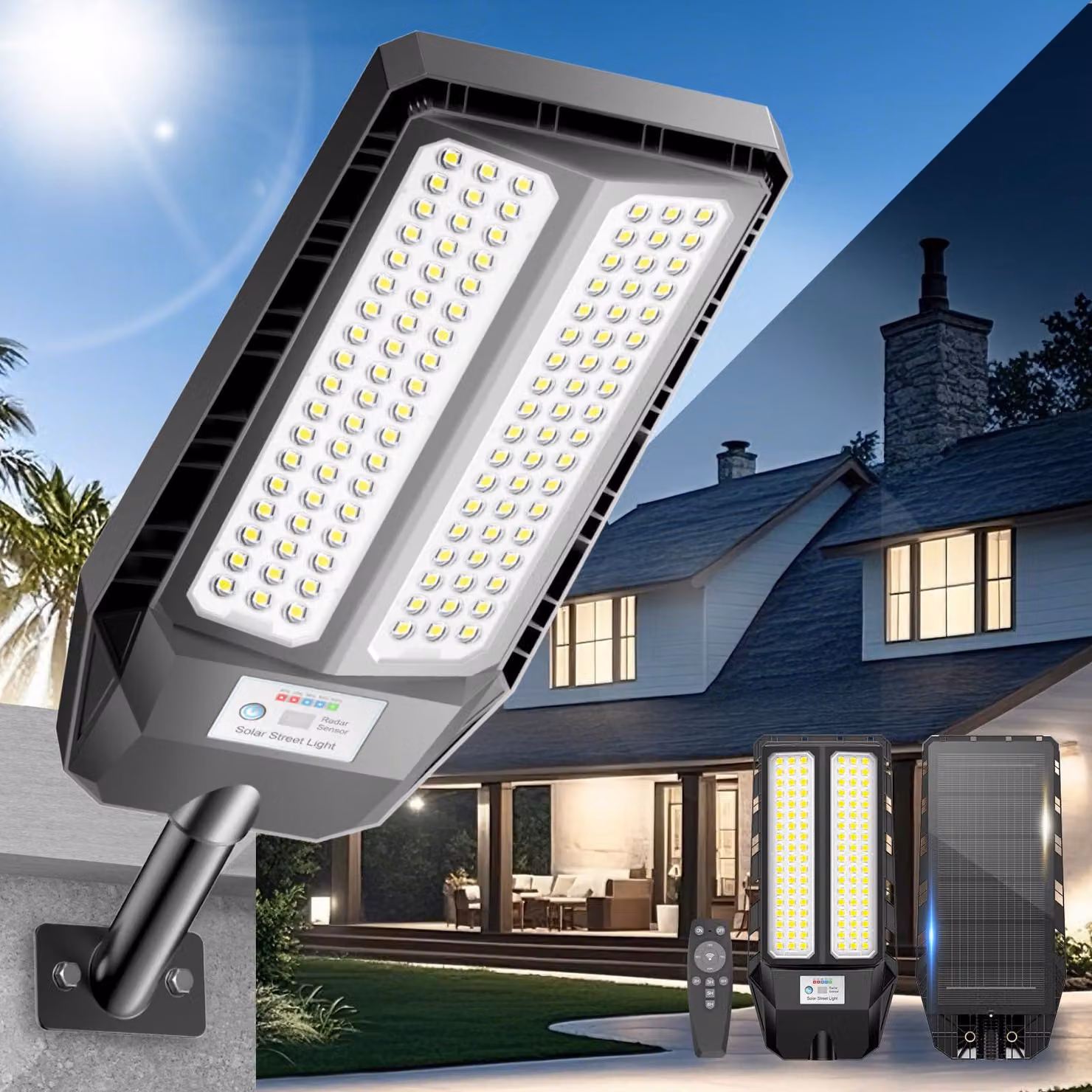 Lampione solare a LED da 3000W, grado di protezione IP66, temperatura di colore 6500K, con telecomando