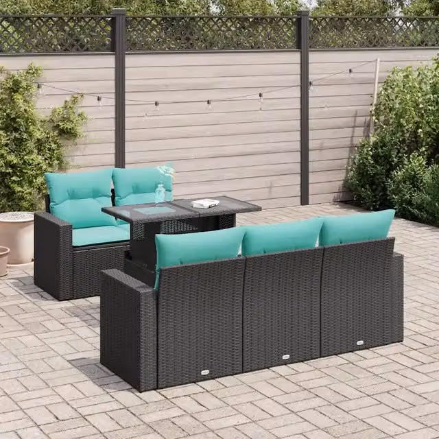 Set Divano da Giardino 6 pz con Cuscini Nero Polyrattan Acacia 3326248