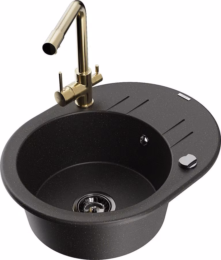 Mexen Kevin lavello in granito a 1 vasca con scolapiatti e rubinetto da cucina Duero, nero/oro metallizzato