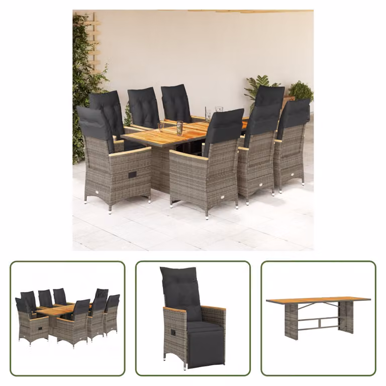 The Living Store Set bistrot da giardino 9 pezzi con cuscini in poly rattan grigio