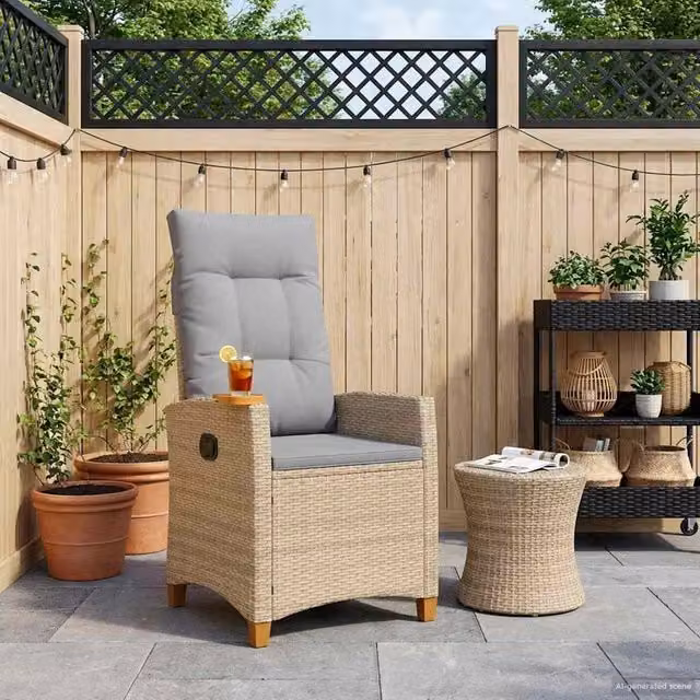Set di poltrona reclinabile con tavolino in polyrattan e metallo vidaXL, colore beige e grigio per giardino