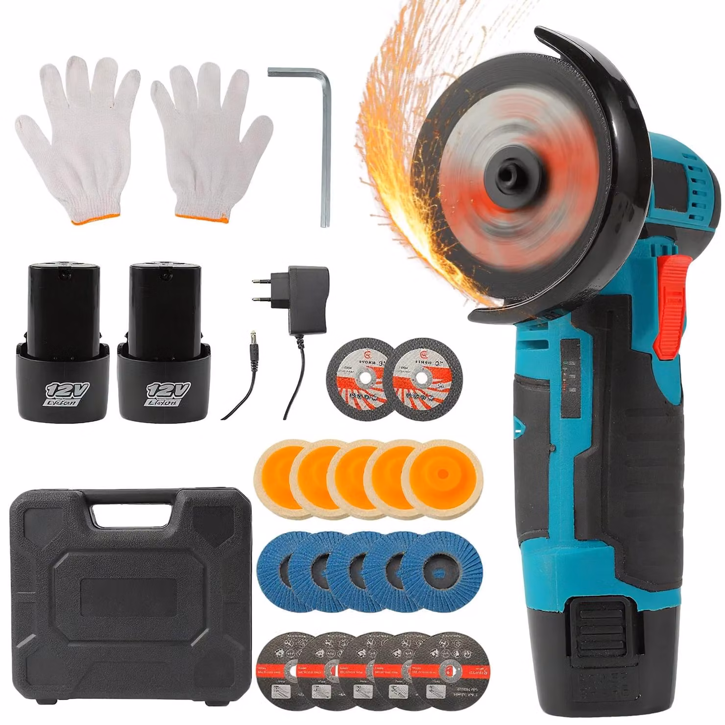 Smerigliatrice angolare mini da 12 V - Senza fili - Ricaricabile - 19.500 giri/min - Per tagliare e lucidare - 2 batterie