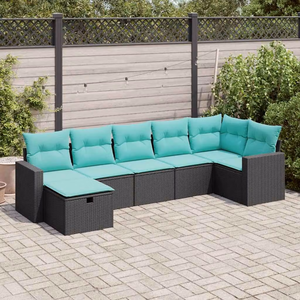 Set di divani da giardino a forma di L vidaXL con 7 pezzi, struttura in metallo e cuscini imbottiti, colore nero, blu e turchese