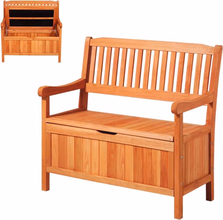 Panca da giardino con spazio contenitore, realizzata in legno naturale, per 2 persone, dimensioni: 106,5 x 58,5 x 90,1 cm