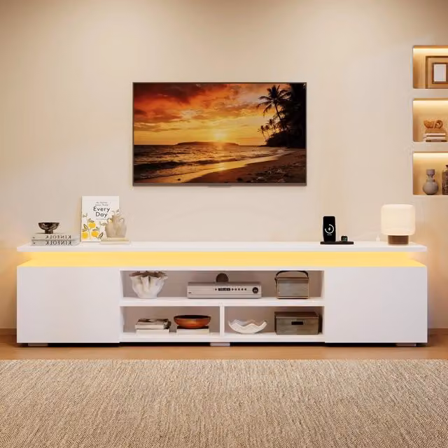Mobile TV LED RGB con 2 ante e 3 vani aperti, controllo da smartphone e vocale, per soggiorno, MDF bianco, 180 × 35 × 42 cm