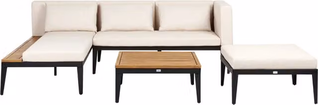 Set da giardino Beliani con divano angolare a 3 posti in legno di acacia, tavolino, ottomano e cuscini beige chiaro