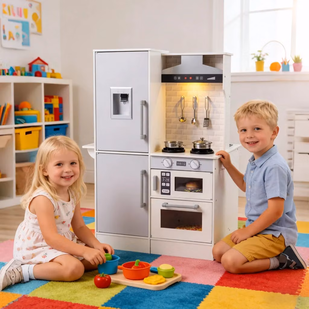 Cucina giocattolo bifacciale in legno con luci e suoni, completa di cappa, microonde e utensili, colore bianco, L: 98 cm, P: 73 cm, H: 73 cm – 2