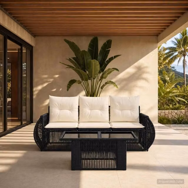 Set Divano da Giardino 4 pz Nero e Bianco Crema polyrattan 3436891