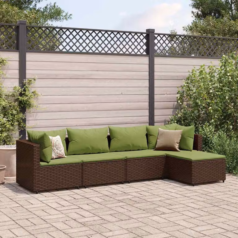 Set Divani da Giardino vidaXL a Forma di L con Cuscini e Ottoman, Marrone e Verde in Polyrattan e Metallo