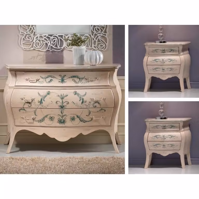 Set da camera composto da un comò e due comodini bombati in stile shabby chic con decori floreali di Mobili 2G in legno avorio