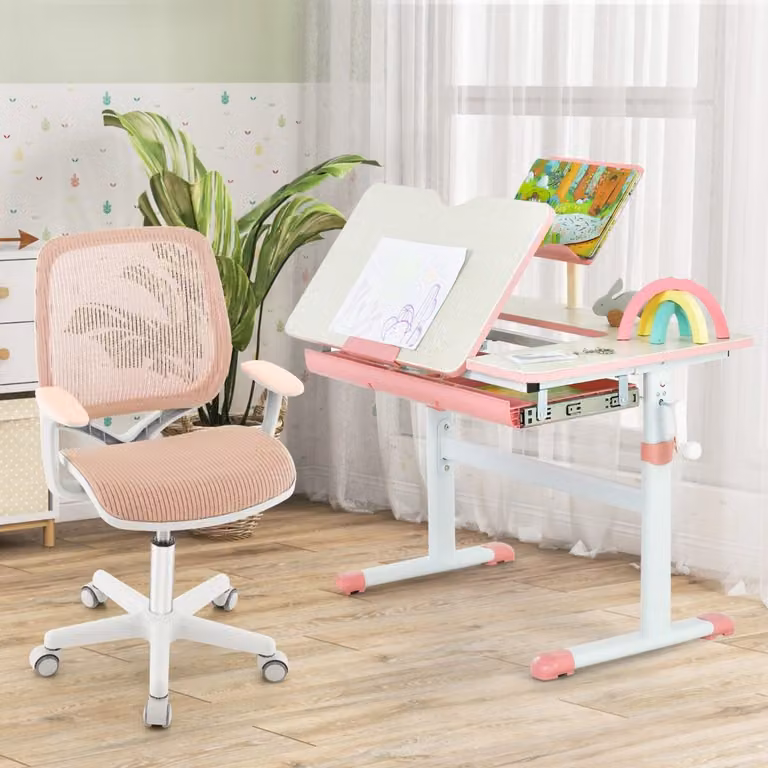 Set scrivania e sedia ergonomica per bambini Costway, tavolo con piano inclinabile e sedia girevole regolabile, Rosa