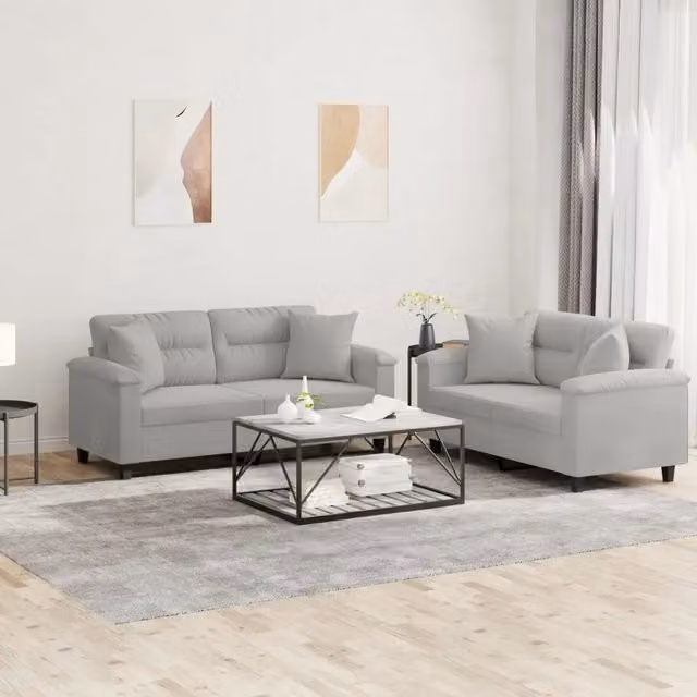 Set di 2 divani vidaXL in tessuto microfibra grigio con cuscini inclusi per soggiorno