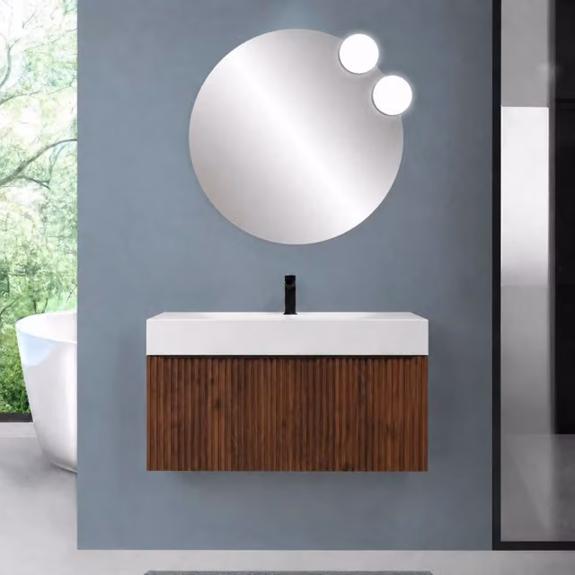 Mobile bagno sospeso 100 cm noce maya con un cassetto e lavabo alto in resina Nara