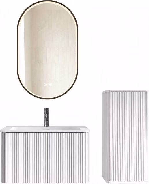 Mobile Bagno Sospeso 80 cm Set Mobili da Bagno Bianco con Lavabo; Mobiletto Laterale e Specchio LED Ovale