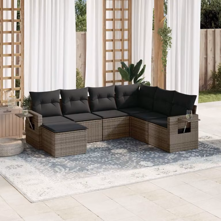 Set di Divani da Giardino vidaXL 7 pz in Polyrattan Grigio con Cuscini e Tavolino