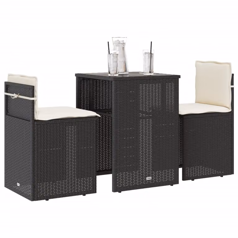 Set da Bistrò vidaXL in Polyrattan Nero con Cuscini e Tavolo in Vetro per Giardino e Balcone